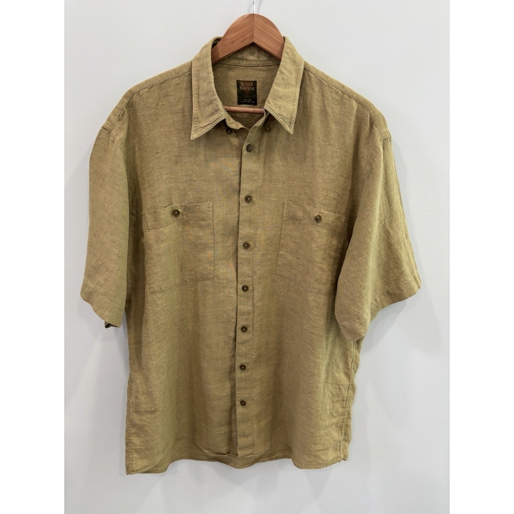 Scott Barber Linen Shirt Large Tan Short Sleeve Button Front Casual Mens